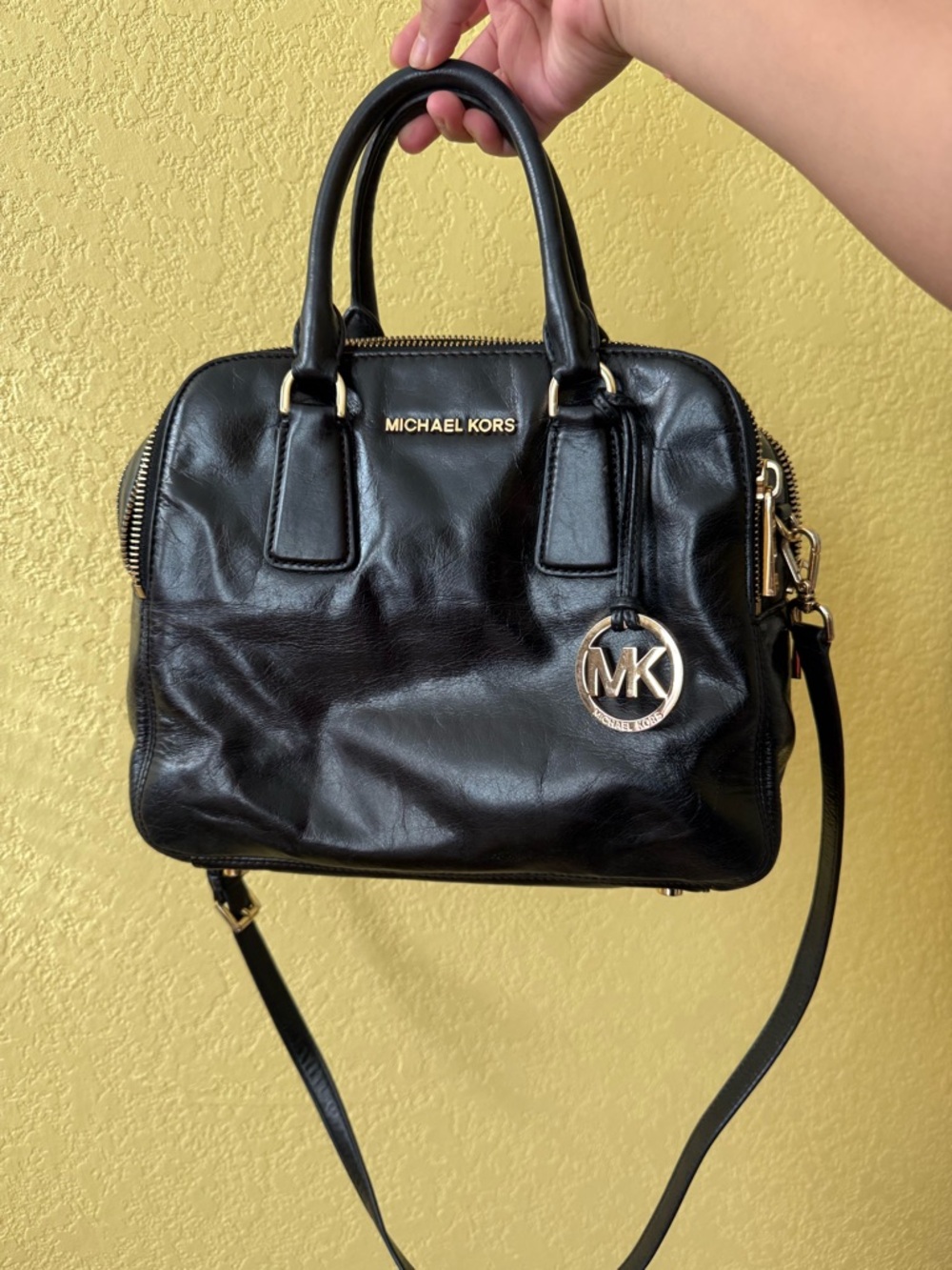 Michael Kors Black Leather Dome Satchel with MK Charm